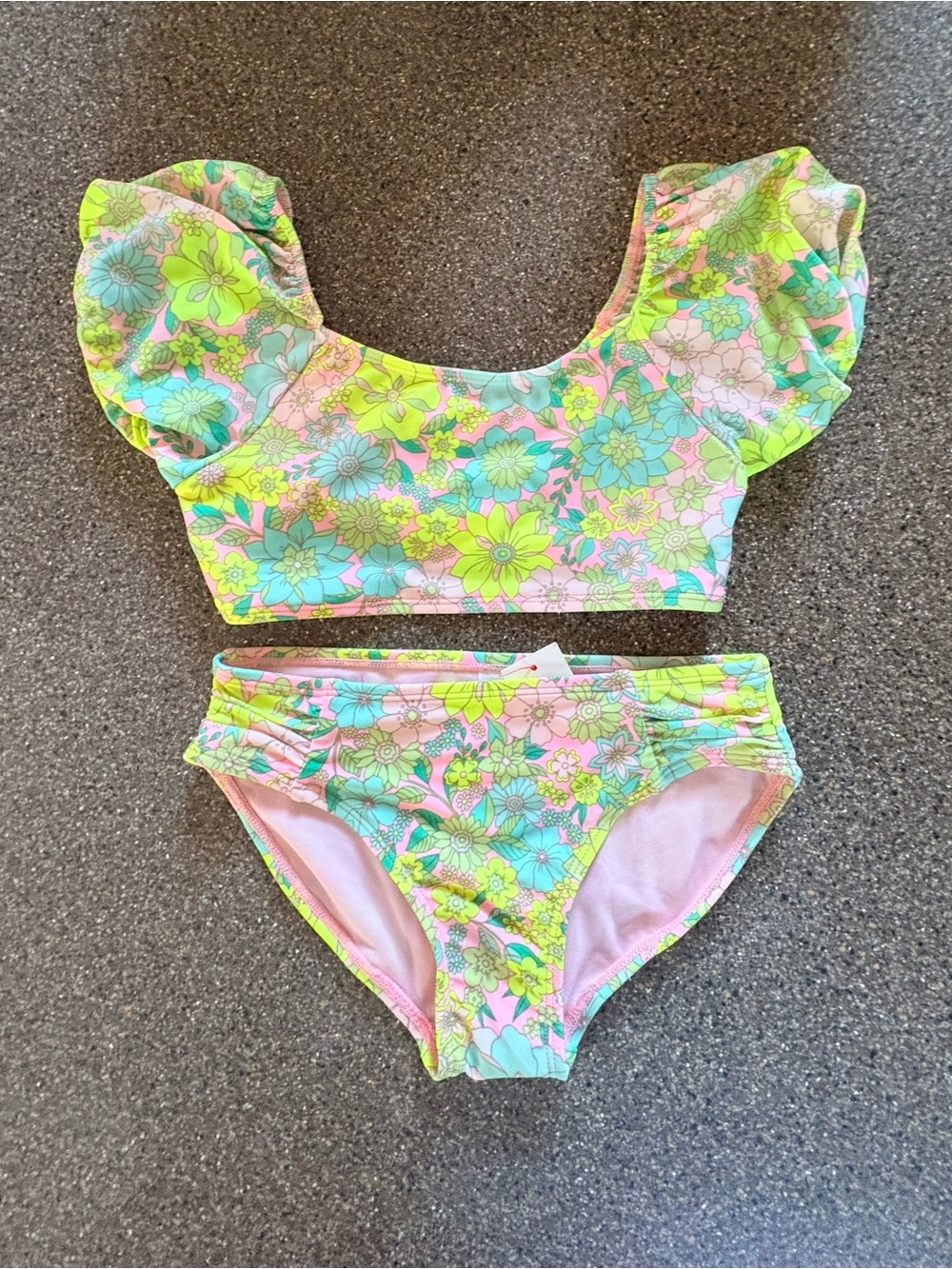 Cat & Jack Floral Ruffle Sleeve Bikini in Pink, Lime Green, Blue